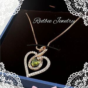 NIB Redbee 18k GP, rose gold over s925‎ "peridot" cz heart necklace!